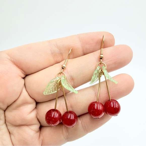 Cherry Drop Earrings with Green Leaf Detail – Gold Tone Dangle - Picture 4 of 5